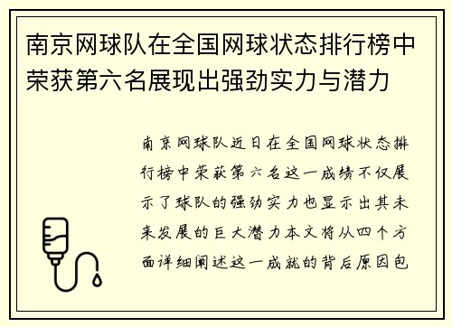 南京网球队在全国网球状态排行榜中荣获第六名展现出强劲实力与潜力